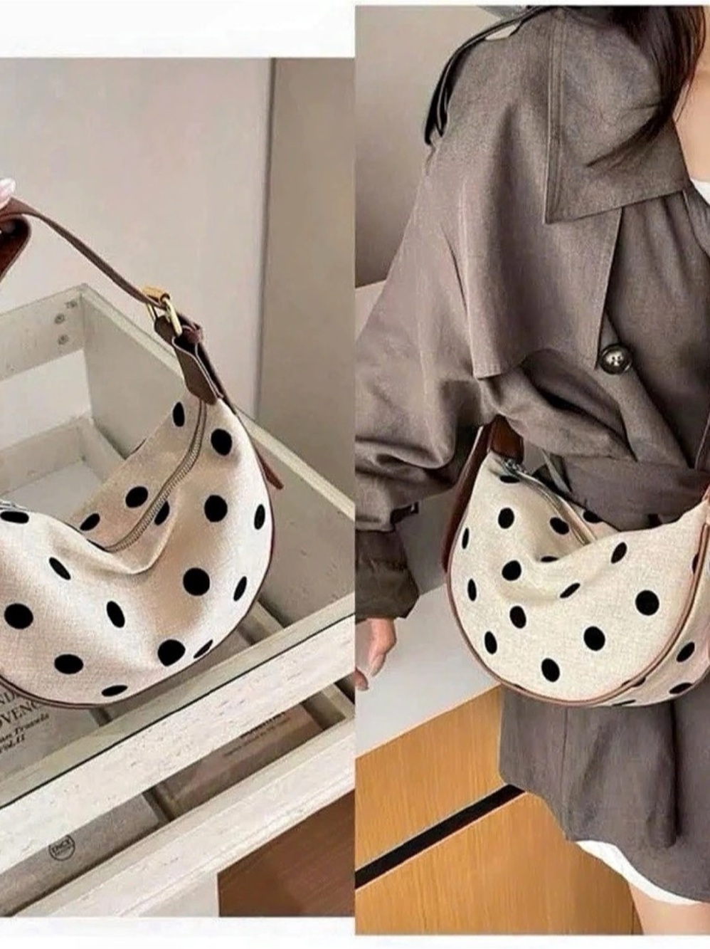 Polka Dot Shoulder Bag in White & Brown